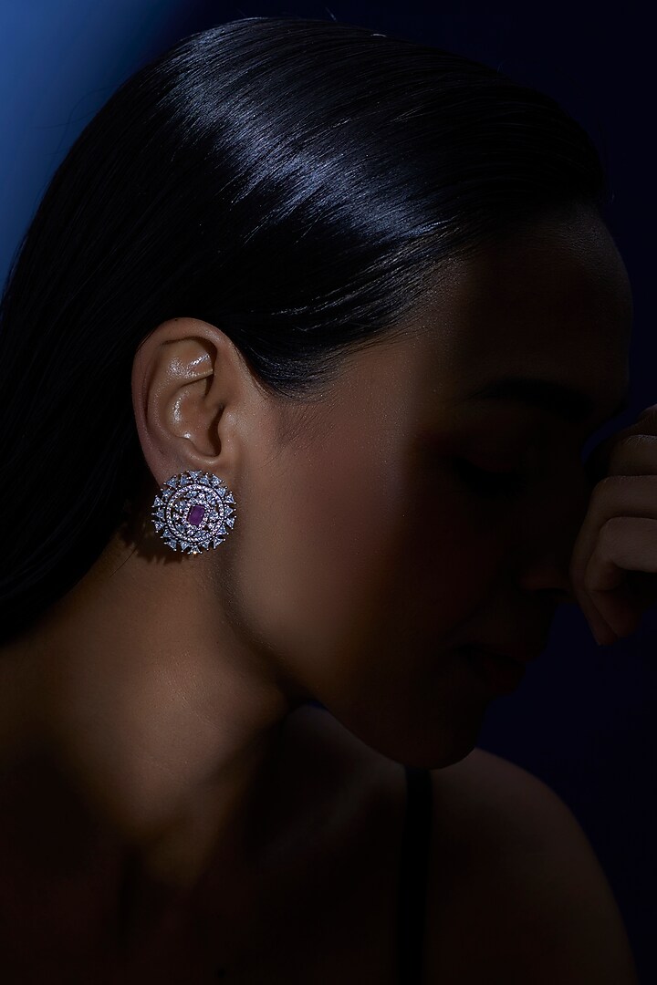 White Finish Zircon & Red Synthetic Stone Stud Earrings by Aster at Pernia's Pop Up Shop