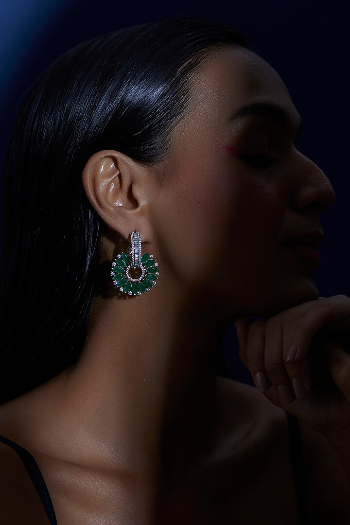 White Finish Zircon & Green Synthetic Stone Stud Earrings by Aster at Pernia's Pop Up Shop