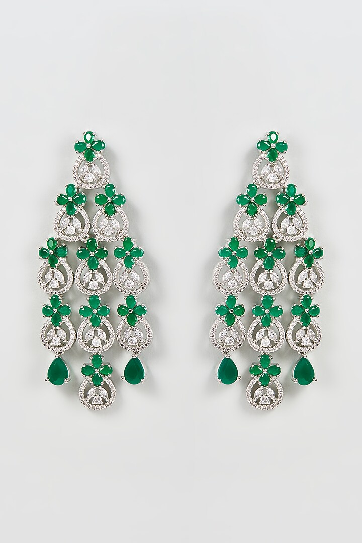 White Finish Zircon & Green Synthetic Stone Dangler Earrings by Aster at Pernia's Pop Up Shop