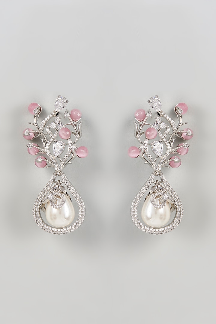 White Finish Zircon & Pearl Dangler Earrings by Aster at Pernia's Pop Up Shop