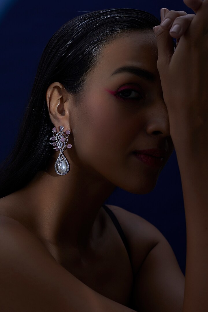White Finish Zircon & Pearl Dangler Earrings by Aster at Pernia's Pop Up Shop