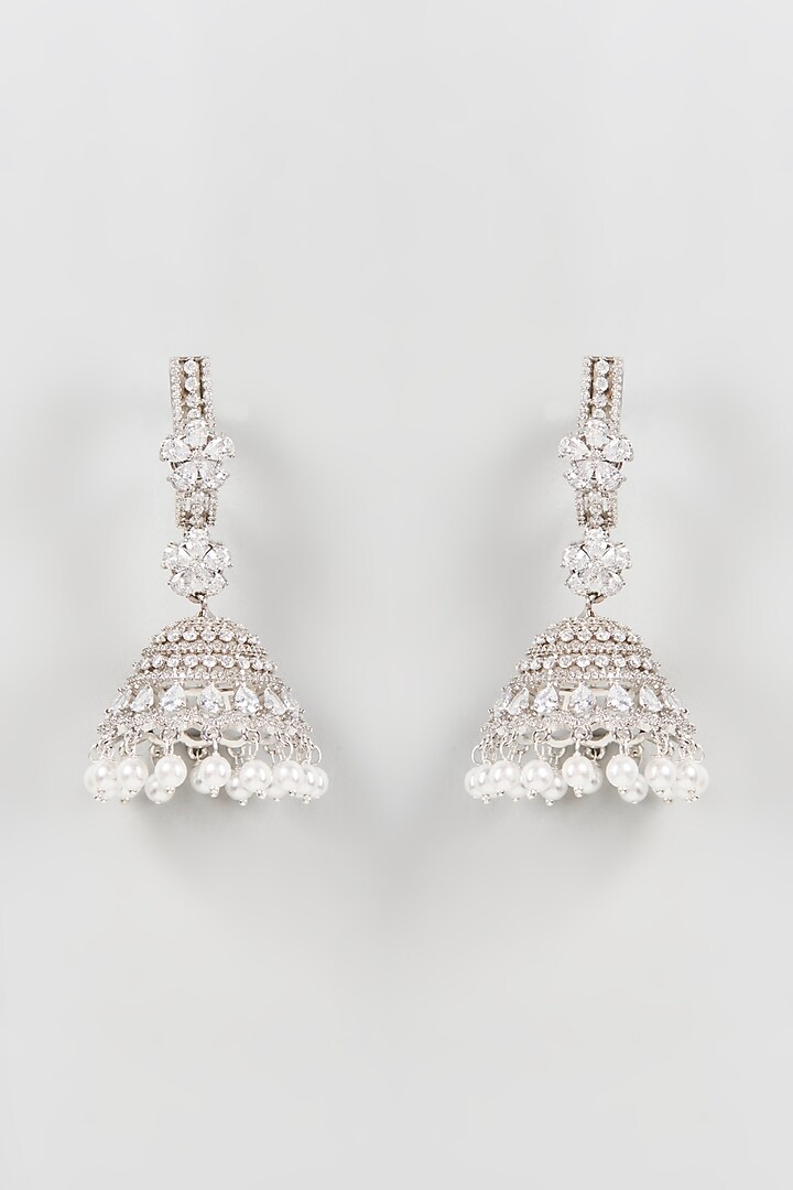 White Finish Zircon & Pearl Jhumka Earrings by Aster at Pernia's Pop Up Shop