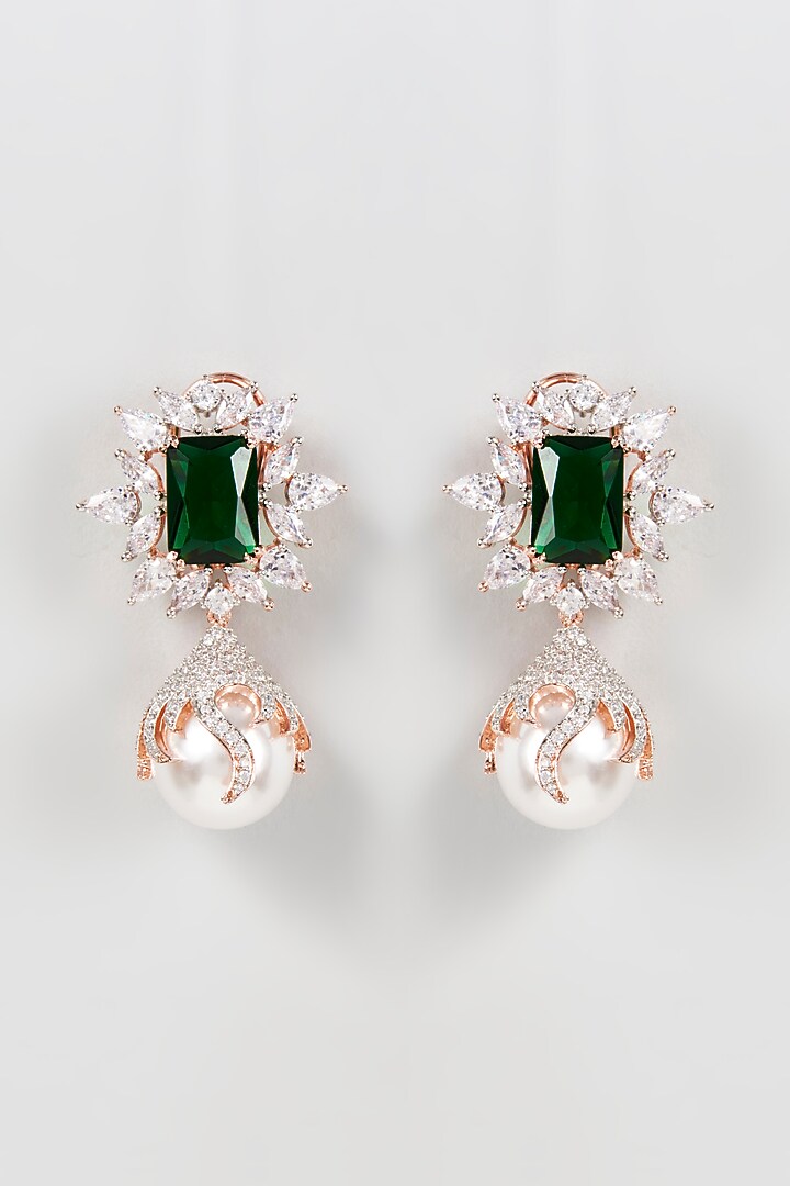 Rose Gold Finish Zircon & Green Synthetic Stone Dangler Earrings by Aster at Pernia's Pop Up Shop
