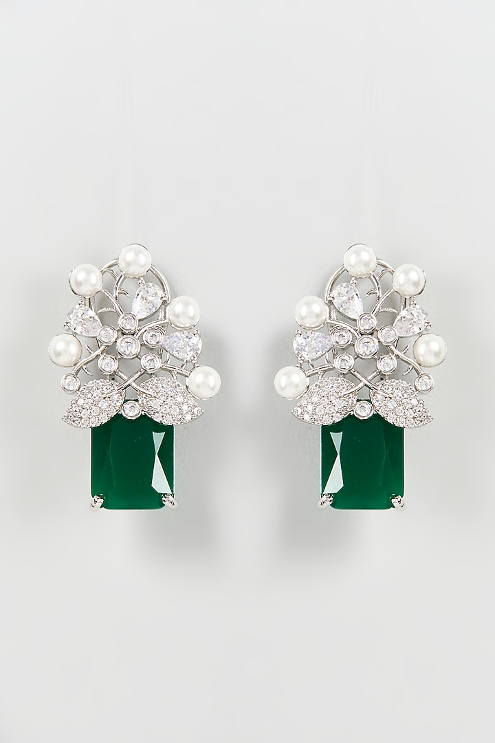 White Finish Zircon & Green Synthetic Stone Stud Earrings by Aster at Pernia's Pop Up Shop