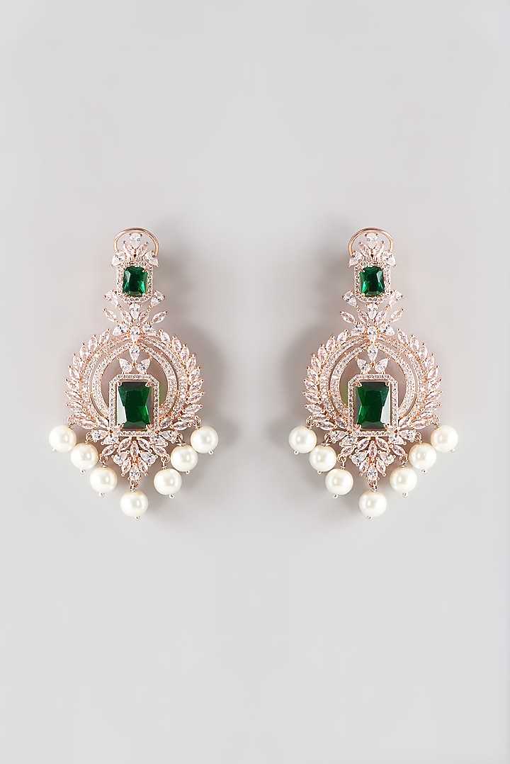 Rose Gold Finish Faux Diamond & Green Stone Dangler Earrings by Aster at Pernia's Pop Up Shop