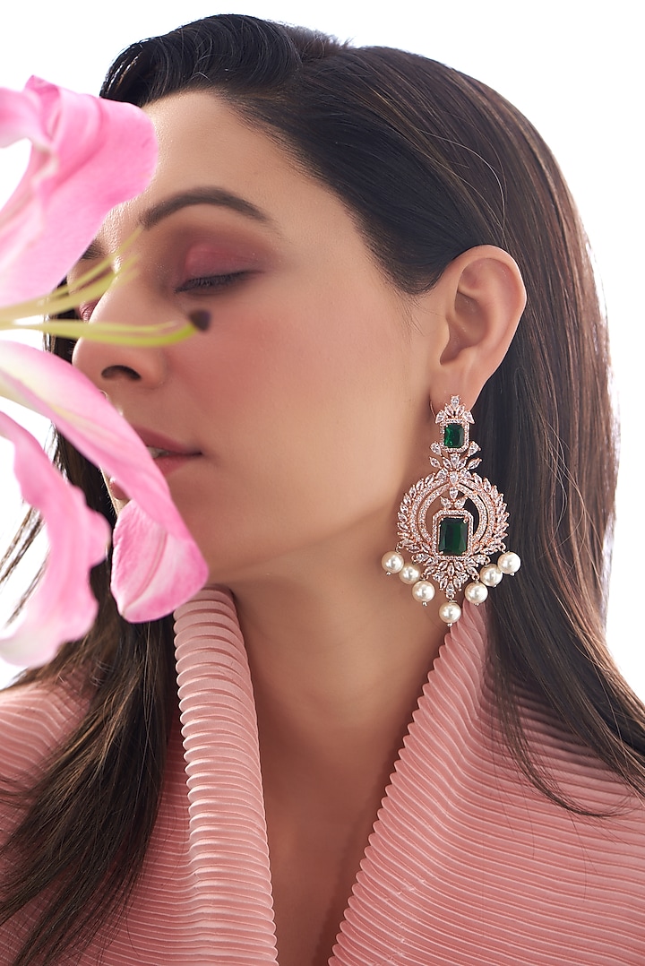 Rose Gold Finish Faux Diamond & Green Stone Dangler Earrings by Aster at Pernia's Pop Up Shop