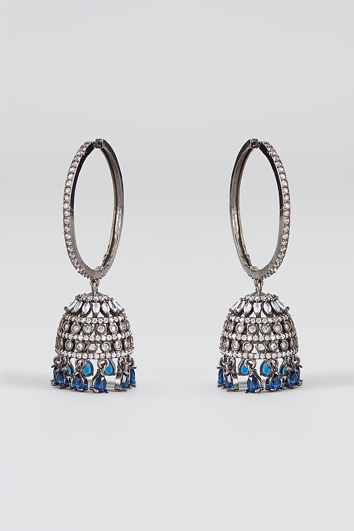 Black Rhodium Finish Faux Diamond & Blue Stone Dangler Earrings by Aster at Pernia's Pop Up Shop