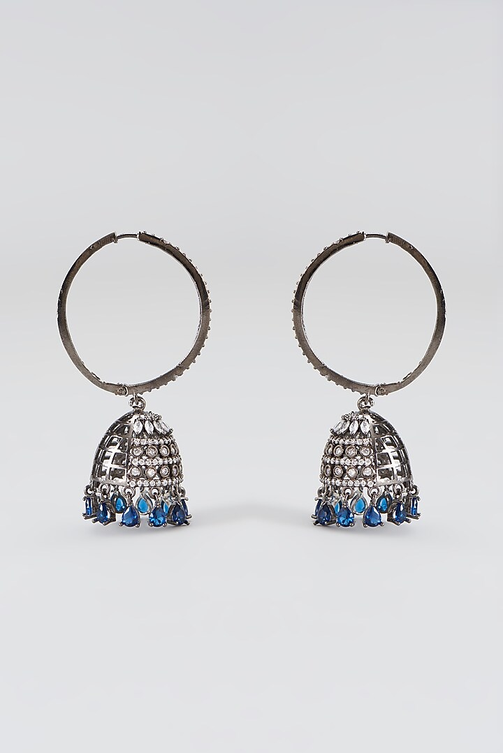 Black Rhodium Finish Faux Diamond & Blue Stone Dangler Earrings by Aster at Pernia's Pop Up Shop