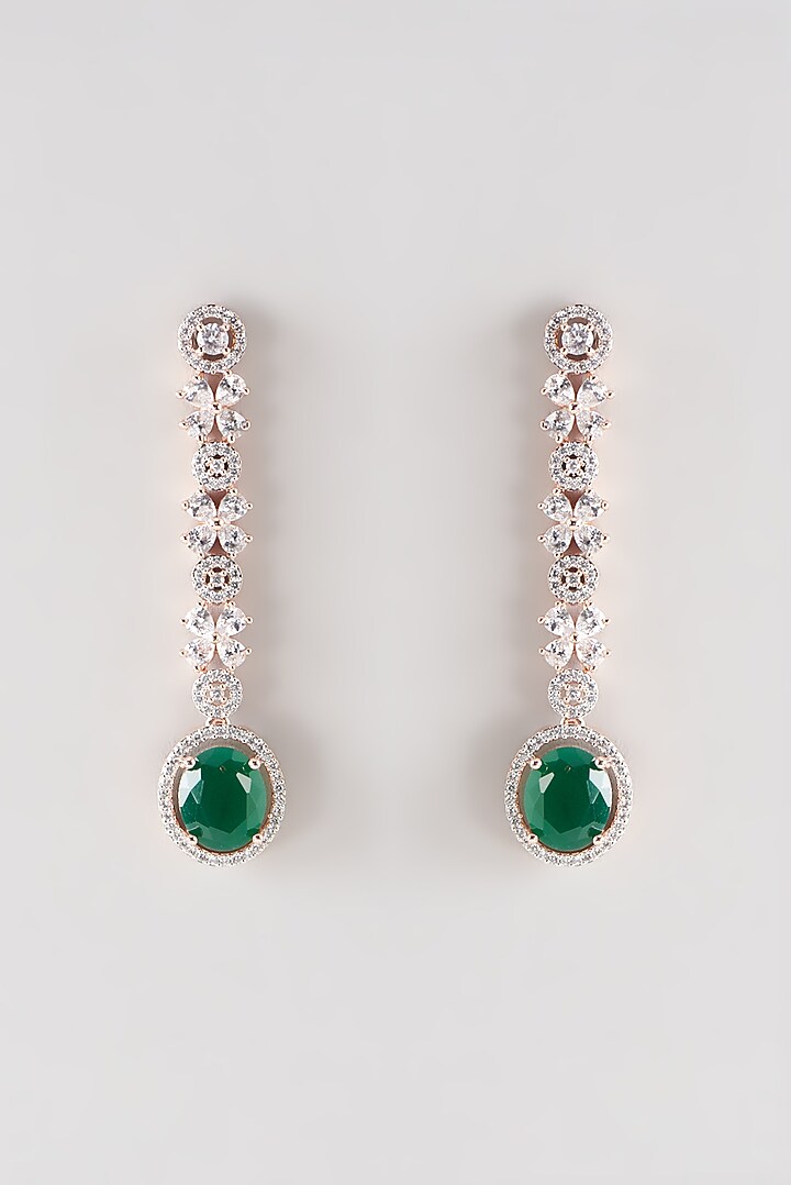 Rose Gold Finish Faux Diamond & Green Stone Dangler Earrings by Aster at Pernia's Pop Up Shop