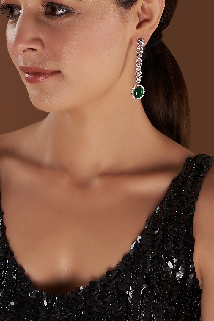 Rose Gold Finish Faux Diamond & Green Stone Dangler Earrings by Aster at Pernia's Pop Up Shop