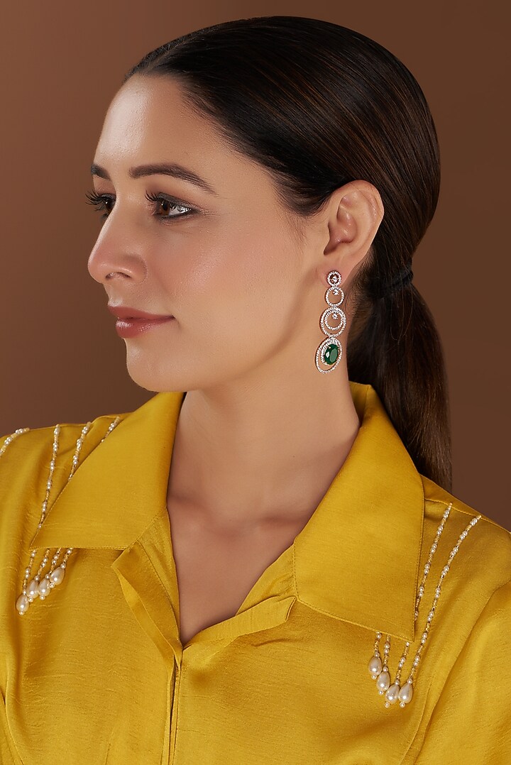 Rose Gold Finish Faux Diamond Dangler Earrings by Aster at Pernia's Pop Up Shop