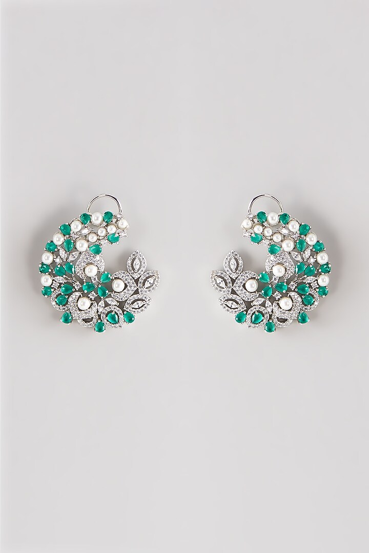 White Finish Zircon & Green Stone Dangler Earrings by Aster at Pernia's Pop Up Shop