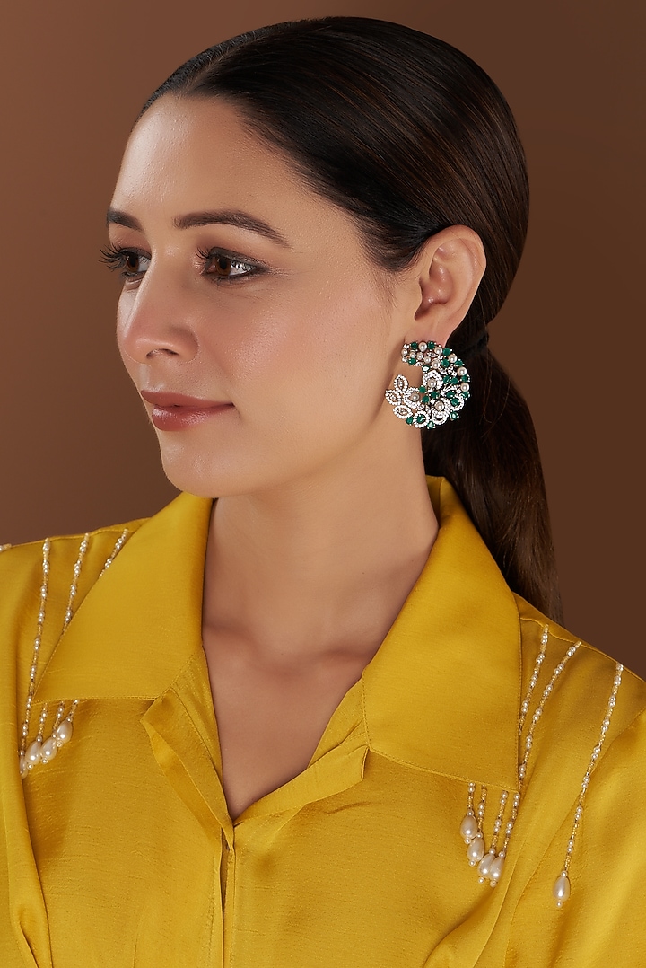 White Finish Zircon & Green Stone Dangler Earrings by Aster at Pernia's Pop Up Shop
