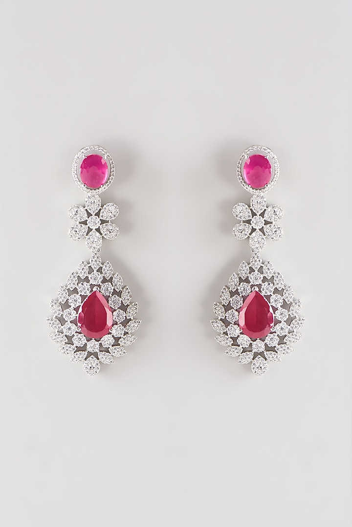 White Finish Faux Diamond & Red Stone Dangler Earrings by Aster at Pernia's Pop Up Shop