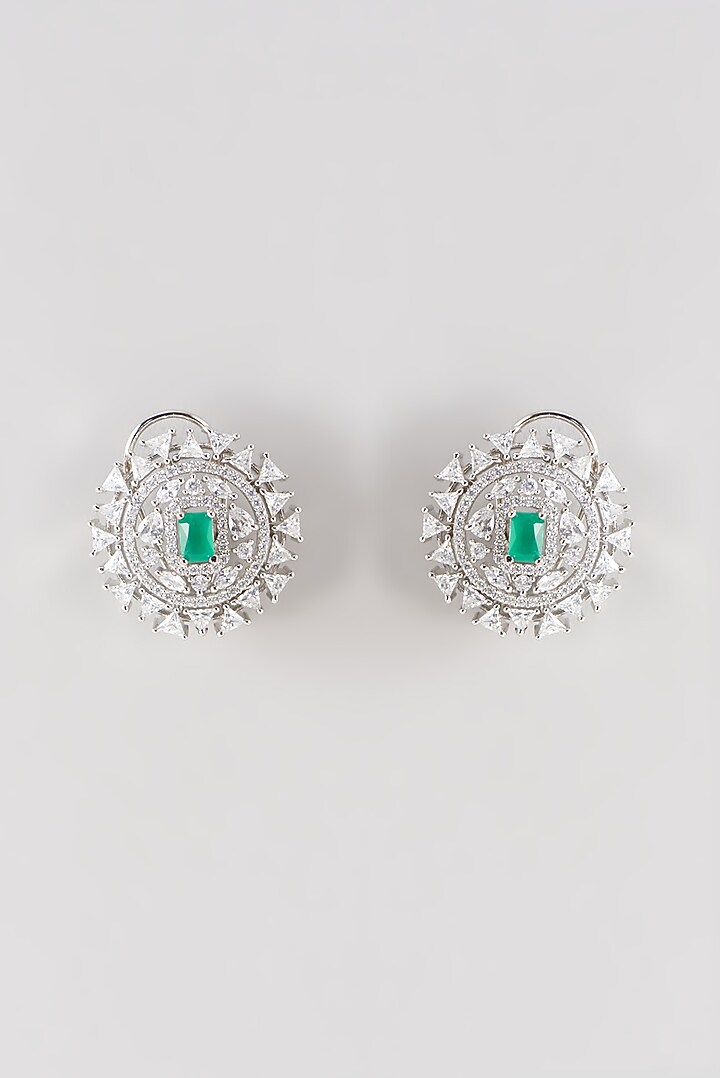 White Finish Faux Diamond & Green Stone Stud Earrings by Aster at Pernia's Pop Up Shop