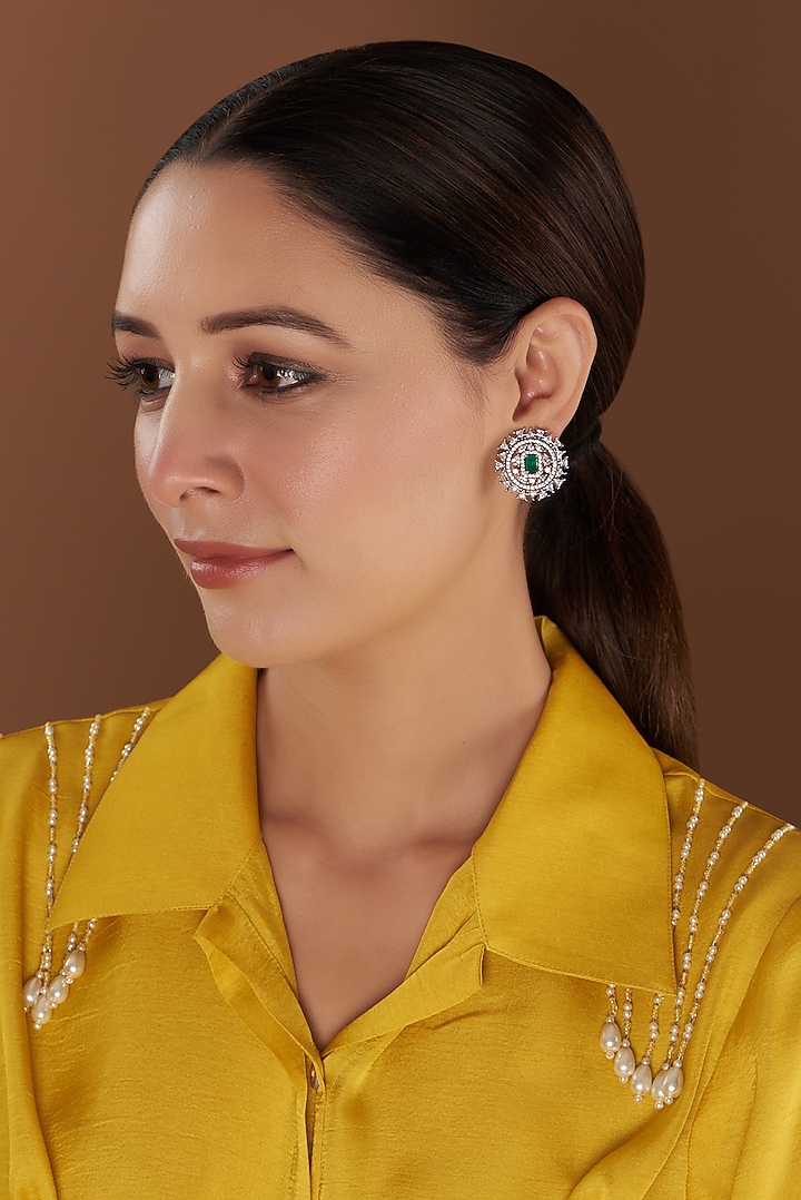 White Finish Faux Diamond & Green Stone Stud Earrings by Aster at Pernia's Pop Up Shop
