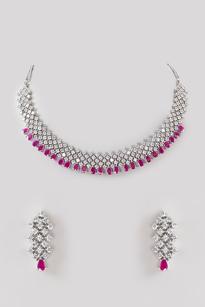 White Finish Pink Faux Diamond Necklace Set by Aster at Pernia's Pop Up Shop