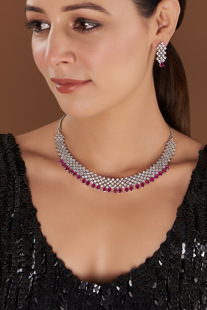White Finish Pink Faux Diamond Necklace Set by Aster at Pernia's Pop Up Shop