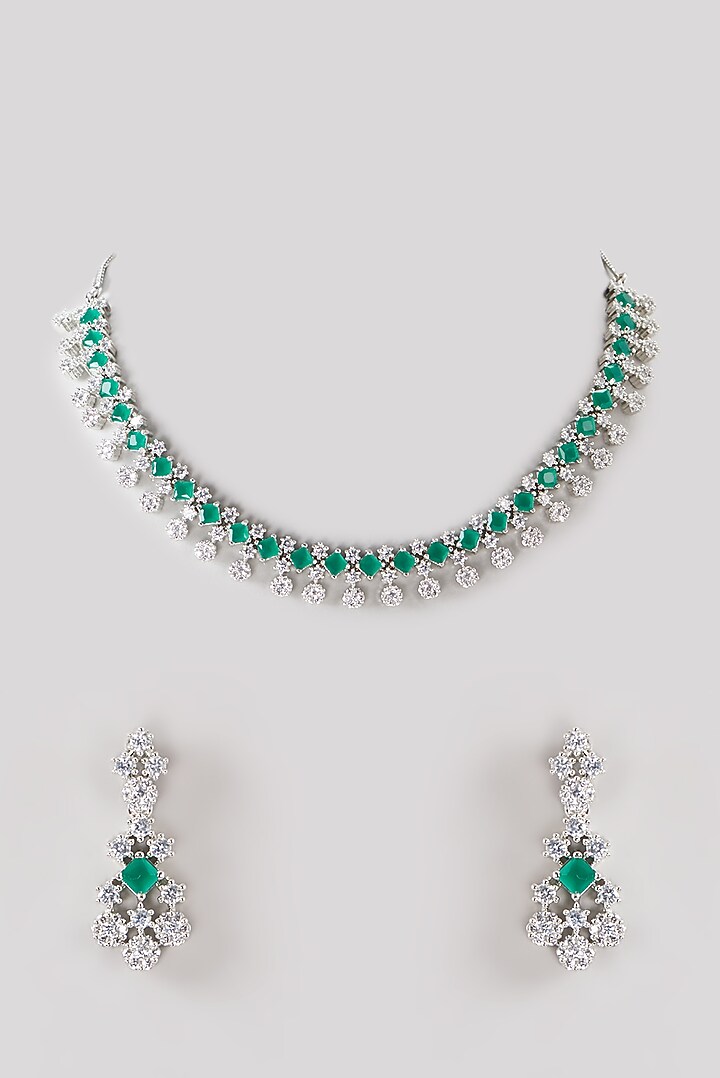 White Finish Green Faux Diamond Necklace Set by Aster at Pernia's Pop Up Shop