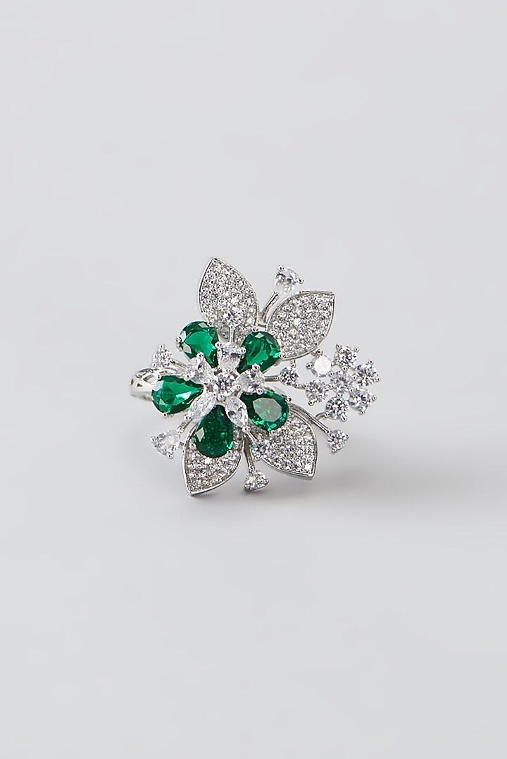 White Finish Faux Diamond & Green Synthetic Stone Ring by Aster at Pernia's Pop Up Shop