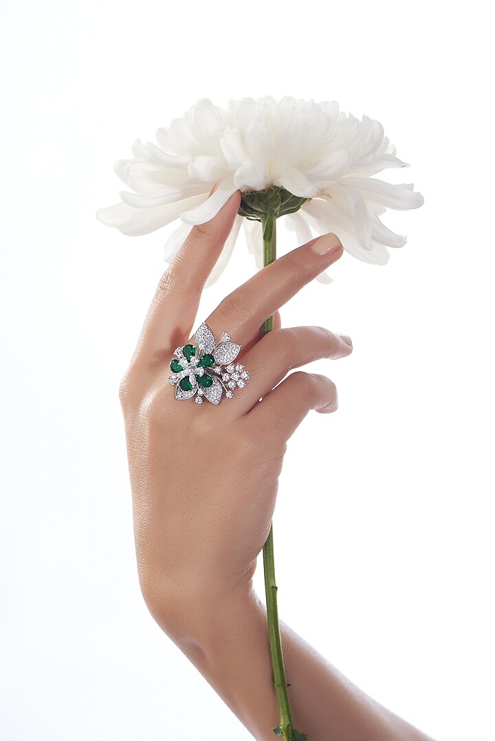 White Finish Faux Diamond & Green Synthetic Stone Ring by Aster at Pernia's Pop Up Shop