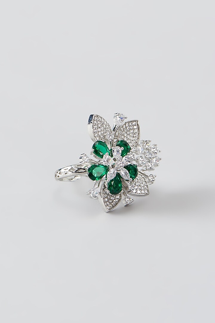 White Finish Faux Diamond & Green Synthetic Stone Ring by Aster at Pernia's Pop Up Shop