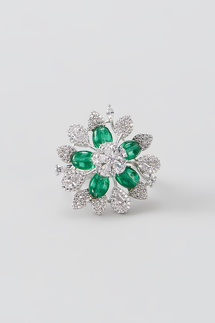 White Finish Faux Diamond & Green Synthetic Stone Ring by Aster at Pernia's Pop Up Shop