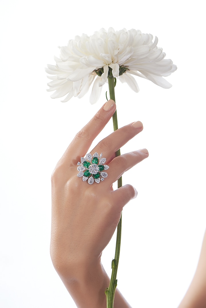 White Finish Faux Diamond & Green Synthetic Stone Ring by Aster at Pernia's Pop Up Shop