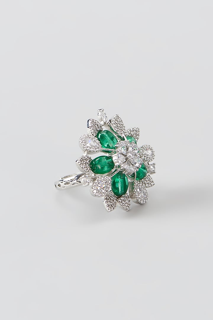 White Finish Faux Diamond & Green Synthetic Stone Ring by Aster at Pernia's Pop Up Shop