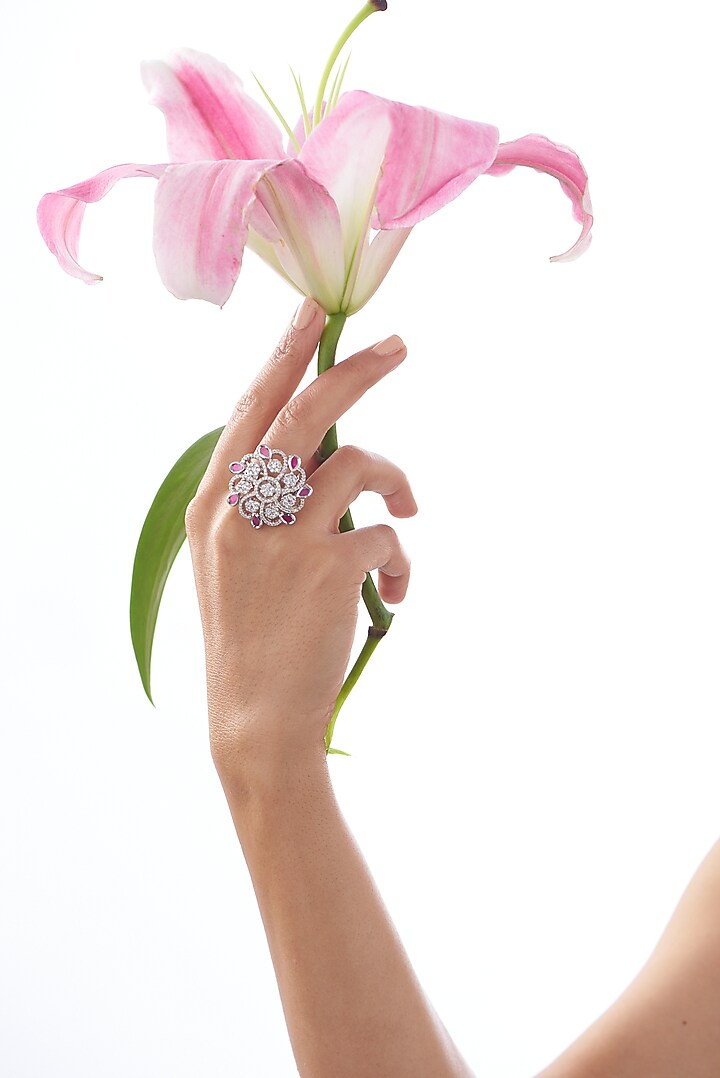 White Finish Zircon & Ruby Stone Ring by Aster at Pernia's Pop Up Shop