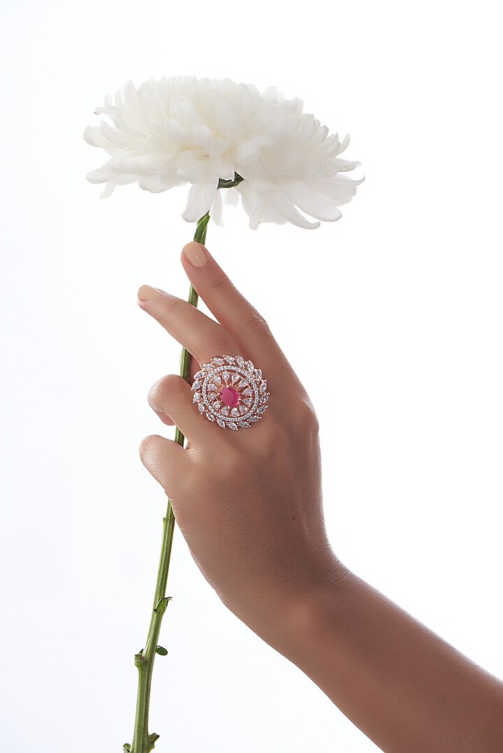 Rose Gold Finish Faux Diamond & Synthetic Red Stone Ring by Aster at Pernia's Pop Up Shop