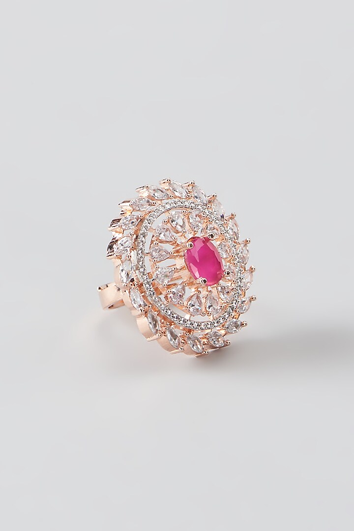 Rose Gold Finish Faux Diamond & Synthetic Red Stone Ring by Aster at Pernia's Pop Up Shop
