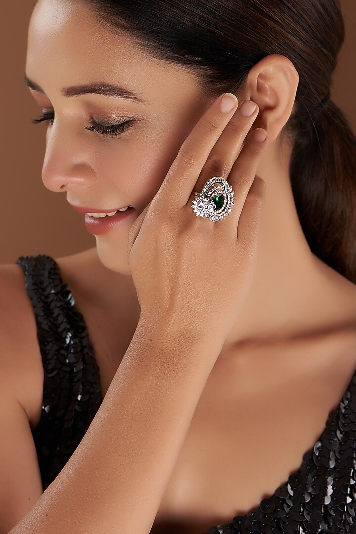 White Finish Faux Diamond Synthetic Green Stone Ring by Aster at