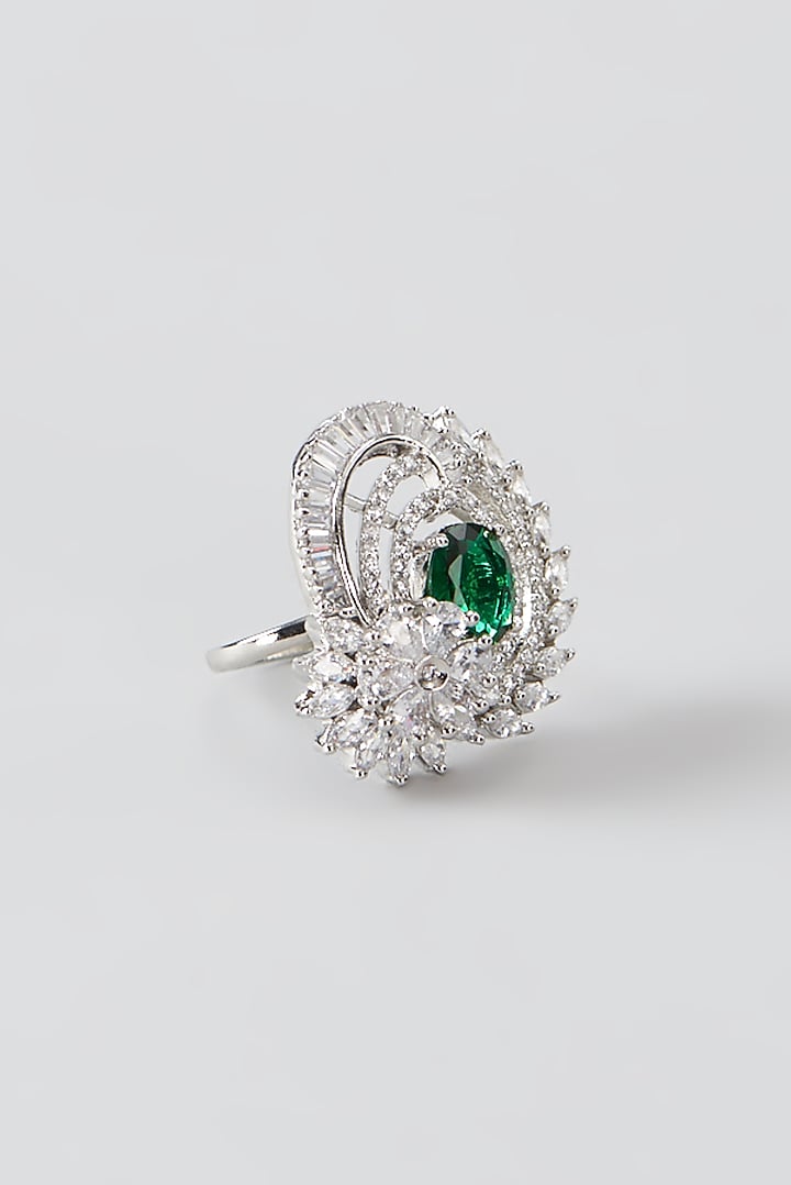 White Finish Faux Diamond & Synthetic Green Stone Ring by Aster at Pernia's Pop Up Shop