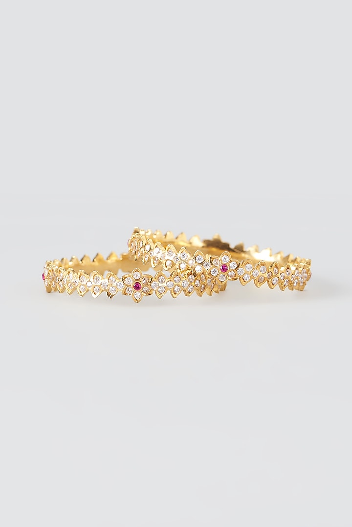 Gold Finish Zircon & Red Stone Bangles (Set of 2) by Aster at Pernia's Pop Up Shop