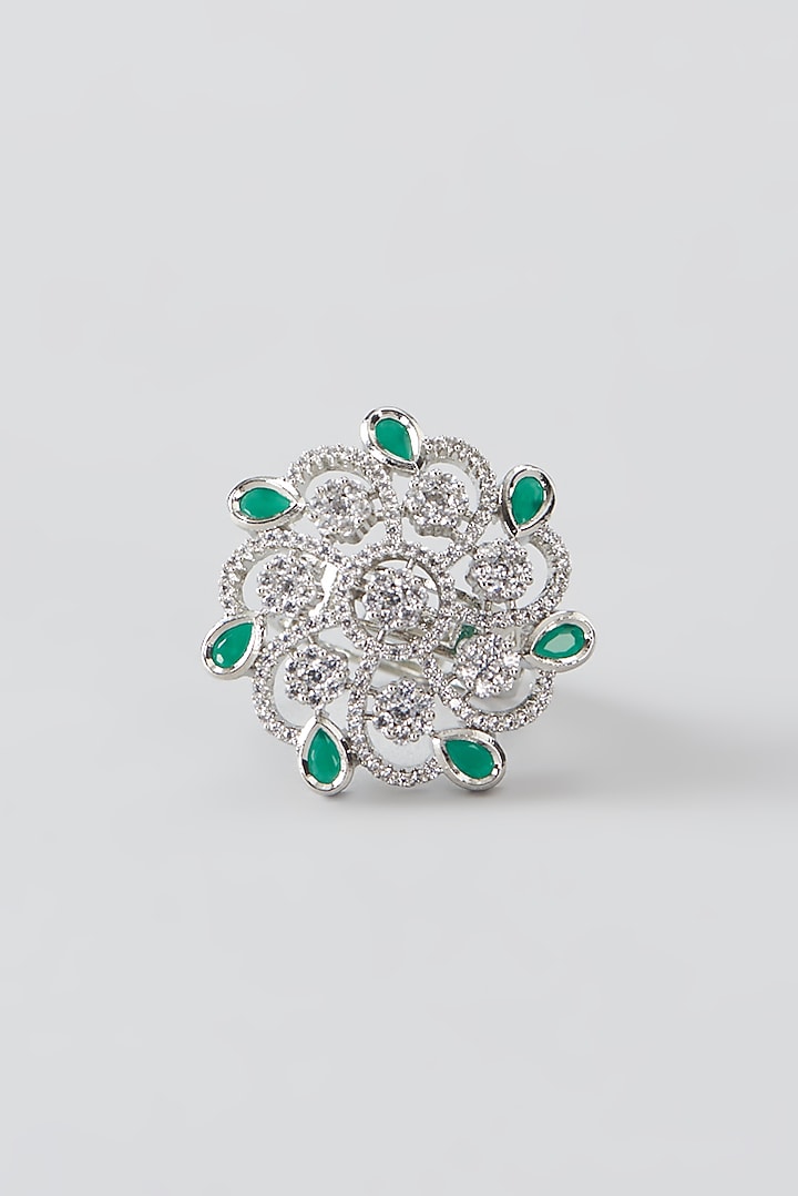 White Finish Faux Diamond & Synthetic Green Stone Ring by Aster at Pernia's Pop Up Shop