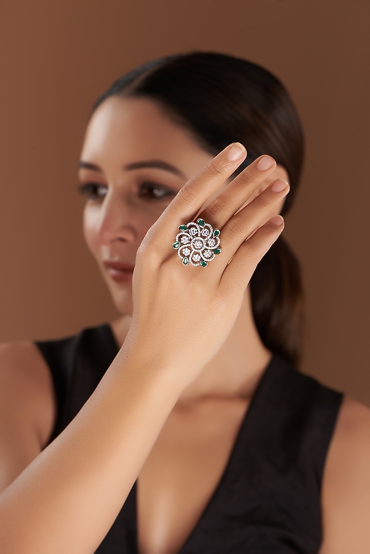 White Finish Faux Diamond & Synthetic Green Stone Ring by Aster at Pernia's Pop Up Shop