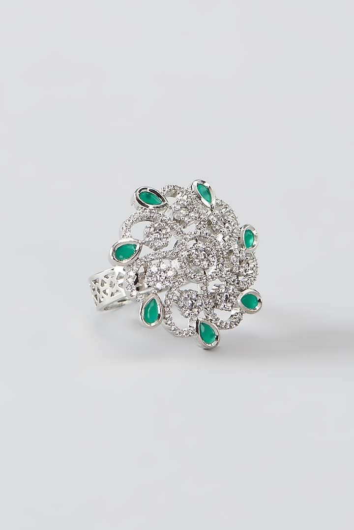 White Finish Faux Diamond & Synthetic Green Stone Ring by Aster at Pernia's Pop Up Shop