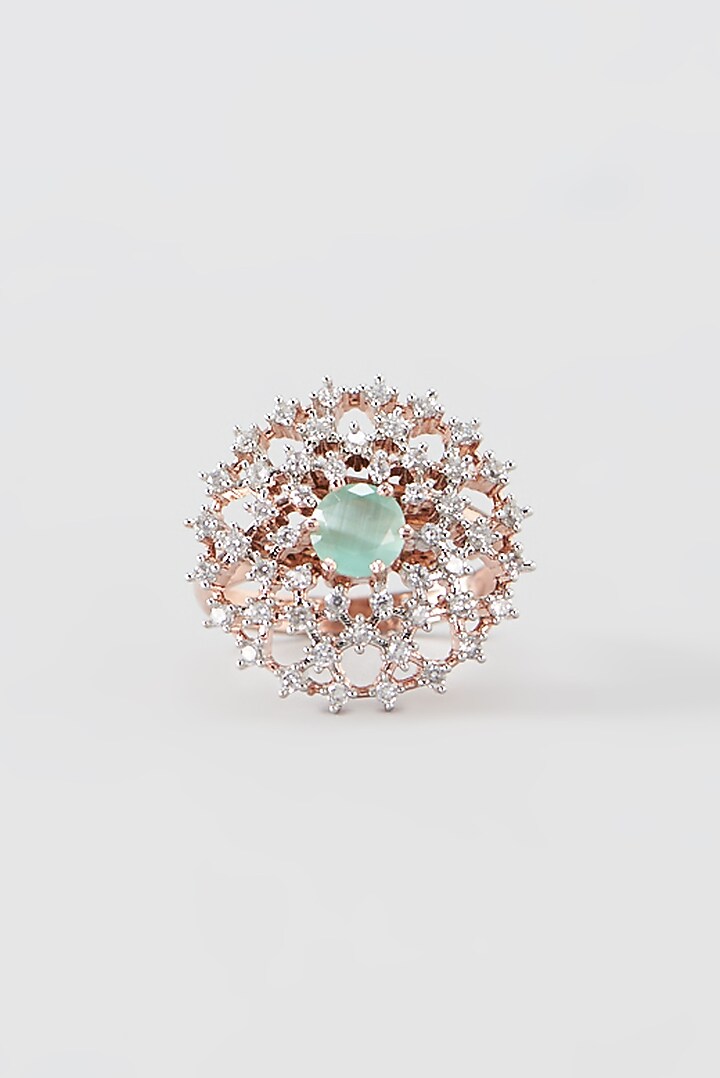 Rose Gold Finish Faux Diamond & Synthetic Aqua Stone Ring by Aster at Pernia's Pop Up Shop