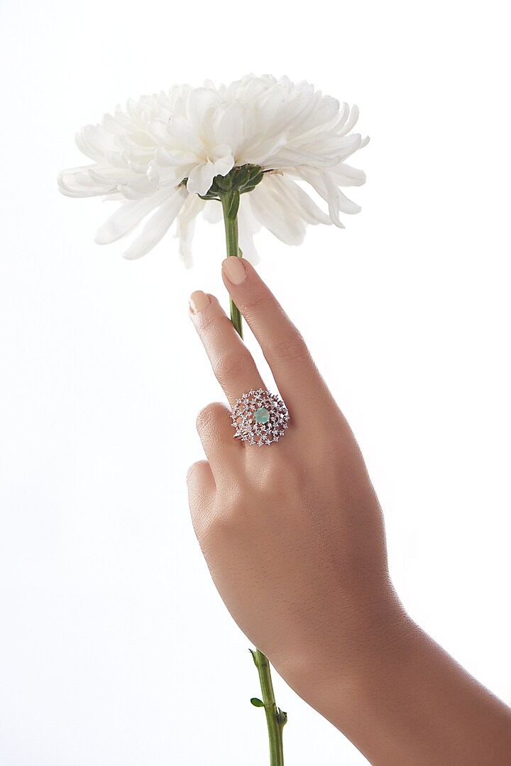 Rose Gold Finish Faux Diamond & Synthetic Aqua Stone Ring by Aster at Pernia's Pop Up Shop