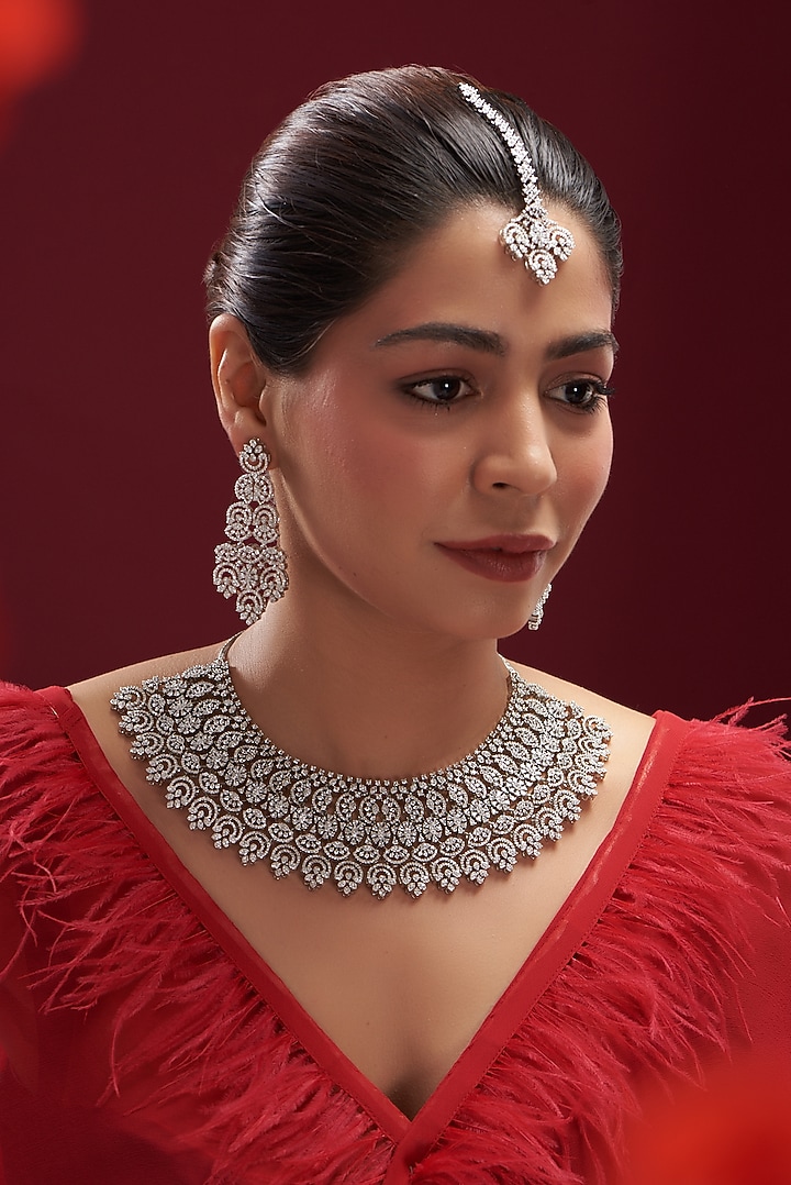 White Finish Faux Diamond Choker Necklace Set by Aster at Pernia's Pop Up Shop