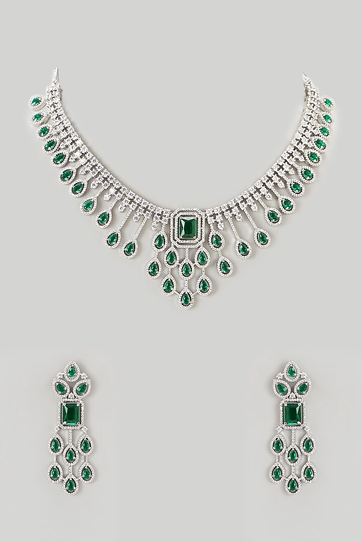White Finish Faux Diamond & Emerald Necklace Set by Aster at Pernia's Pop Up Shop