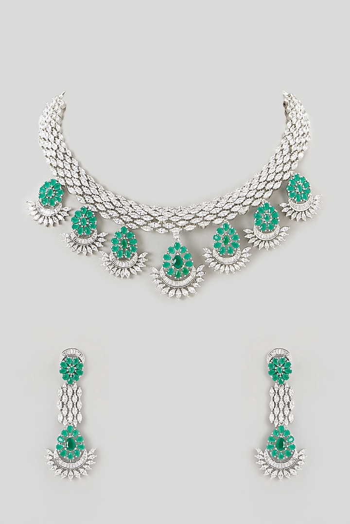 White Finish Faux Diamond & Emerald Necklace Set by Aster at Pernia's Pop Up Shop