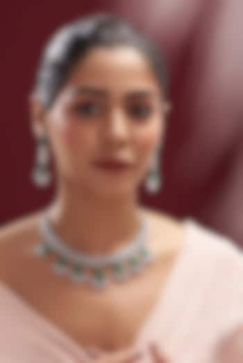 White Finish Faux Diamond & Emerald Necklace Set by Aster at Pernia's Pop Up Shop