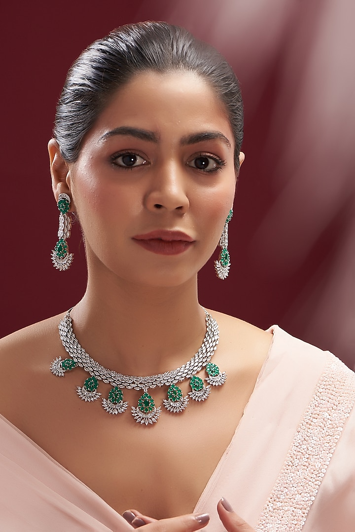 White Finish Faux Diamond & Emerald Necklace Set by Aster at Pernia's Pop Up Shop