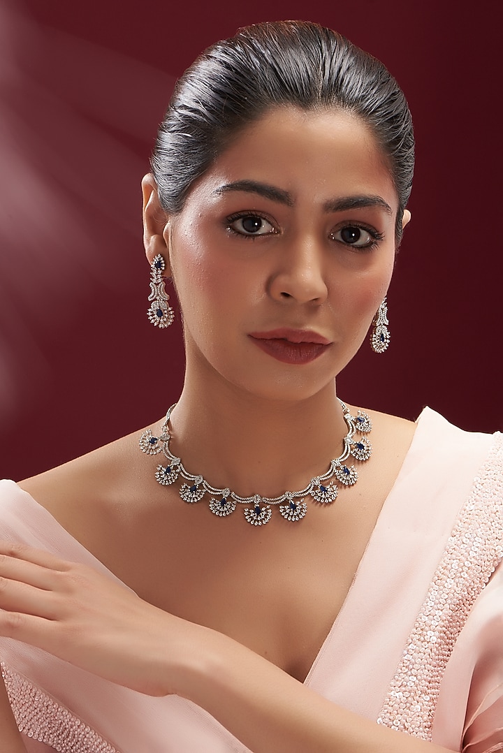 White Finish Faux Diamond & Blue Stone Necklace Set by Aster at Pernia's Pop Up Shop
