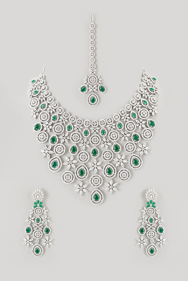 White Finish Faux Diamond & Emerald Choker Necklace Set by Aster at Pernia's Pop Up Shop