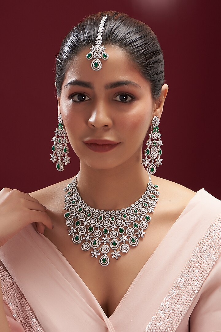 White Finish Faux Diamond & Emerald Choker Necklace Set by Aster at Pernia's Pop Up Shop