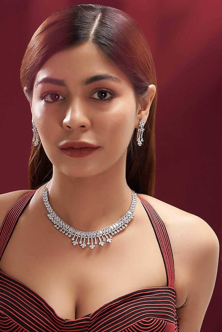 White Finish Faux Diamond Necklace Set by Aster at Pernia's Pop Up Shop
