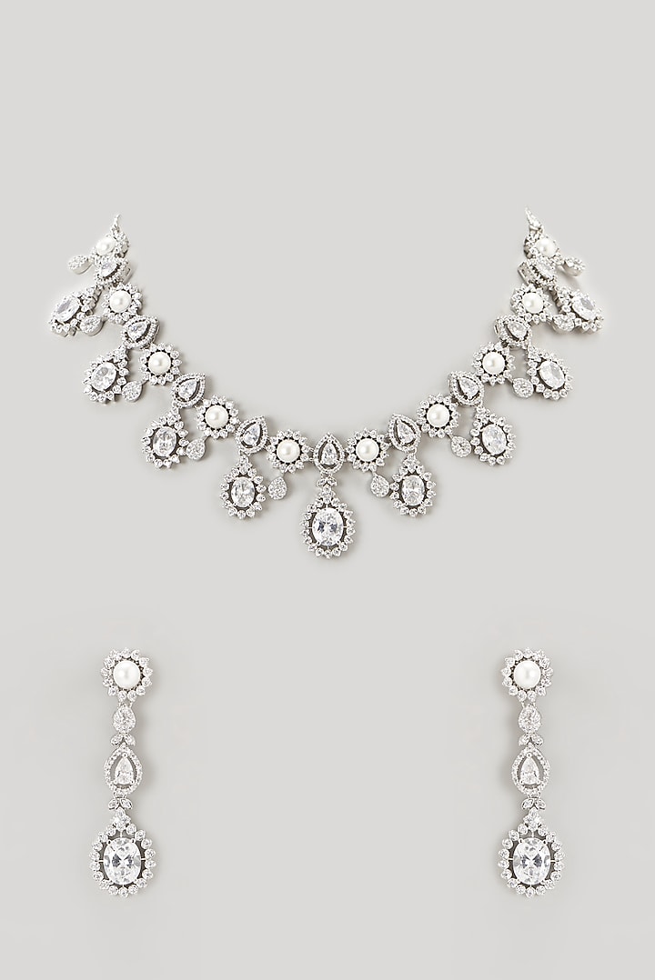 White Finish Faux Diamond Necklace Set by Aster at Pernia's Pop Up Shop